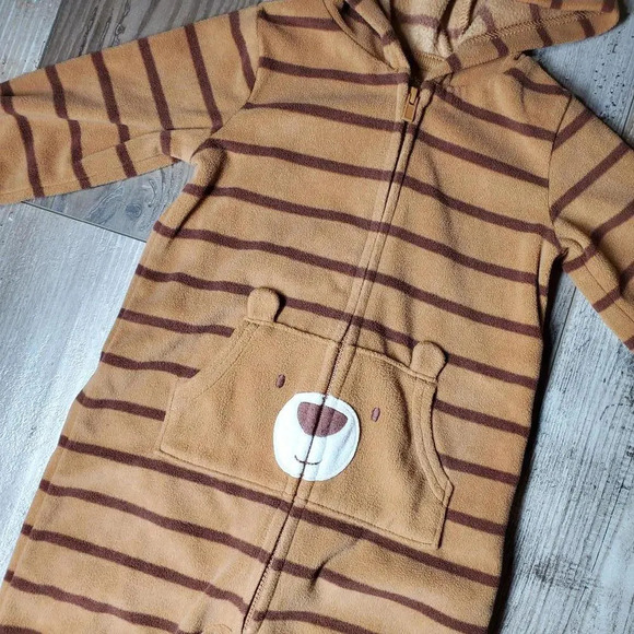 Just One You Carter's 12m Brown Striped Fleece Bear Jumpsuit Coverall Romper - Picture 10 of 12